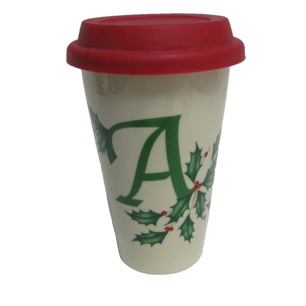 Lenox Christmas Holiday Ceramic Thermal Travel Mug Holly Letter A 12 oz. EUC
